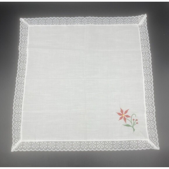 VTG Homemade White Cotton Napkins W/ Red & Green Flower & Lace Edge 16.5” -4 PC - Picture 5 of 10